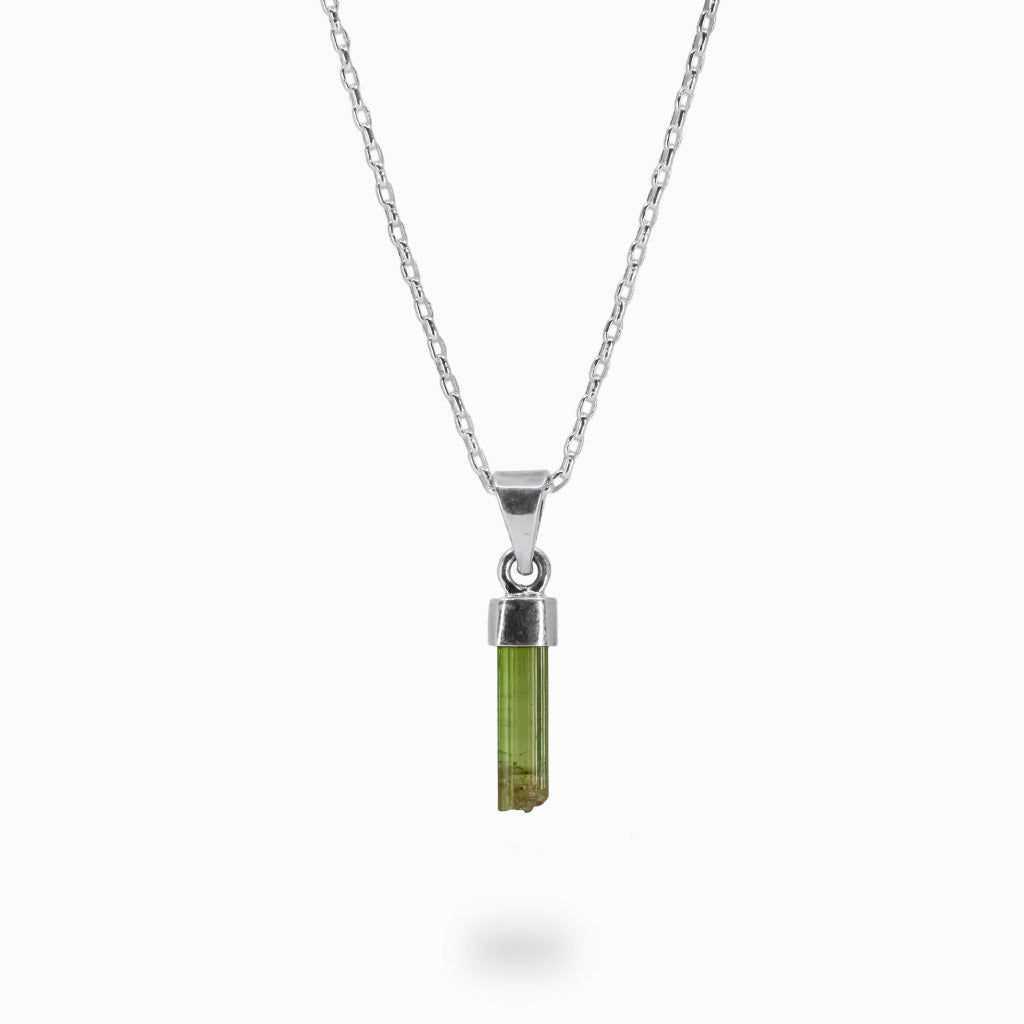 Rich Green Tourmaline raw Pencil Necklace in Sterling Silver Made In Earth