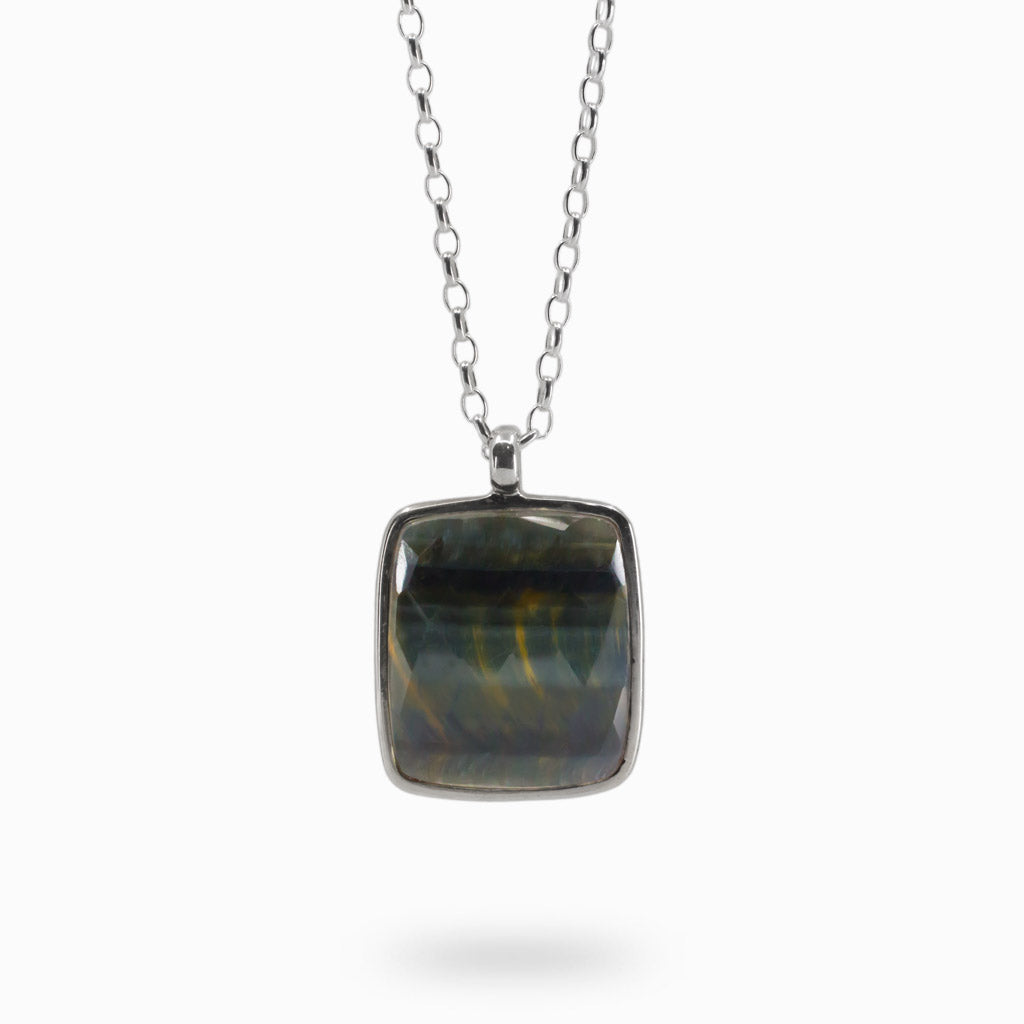 Faceted Rectangle Hawks Eye Necklace