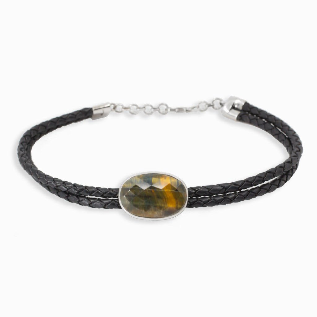 Golden Hawks Eye Faceted Double Braided Leather Choker Necklace