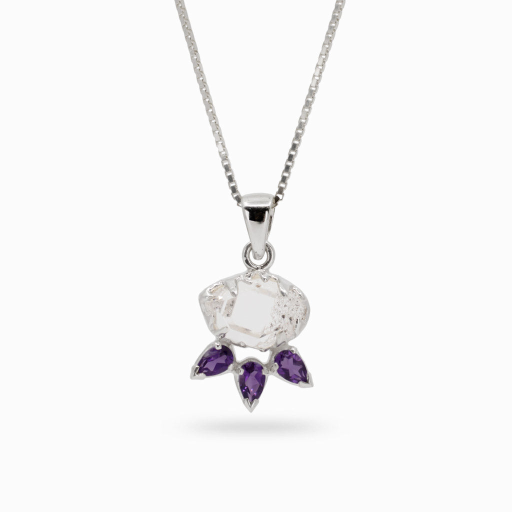White Clear Translucent Herkimer Diamond set with three Amethyst teardrop crystals - Herkimer Diamond and Amethyst Necklace made in earth