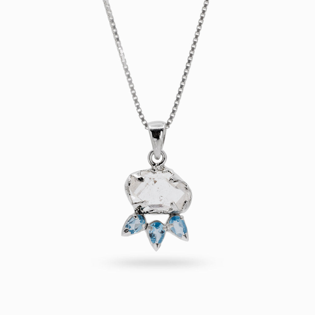 Clear Translucent Herkimer Diamond accented with light Blue Topaz teardrop crystals Herkimer Diamond Blue Topaz Necklace made in earth