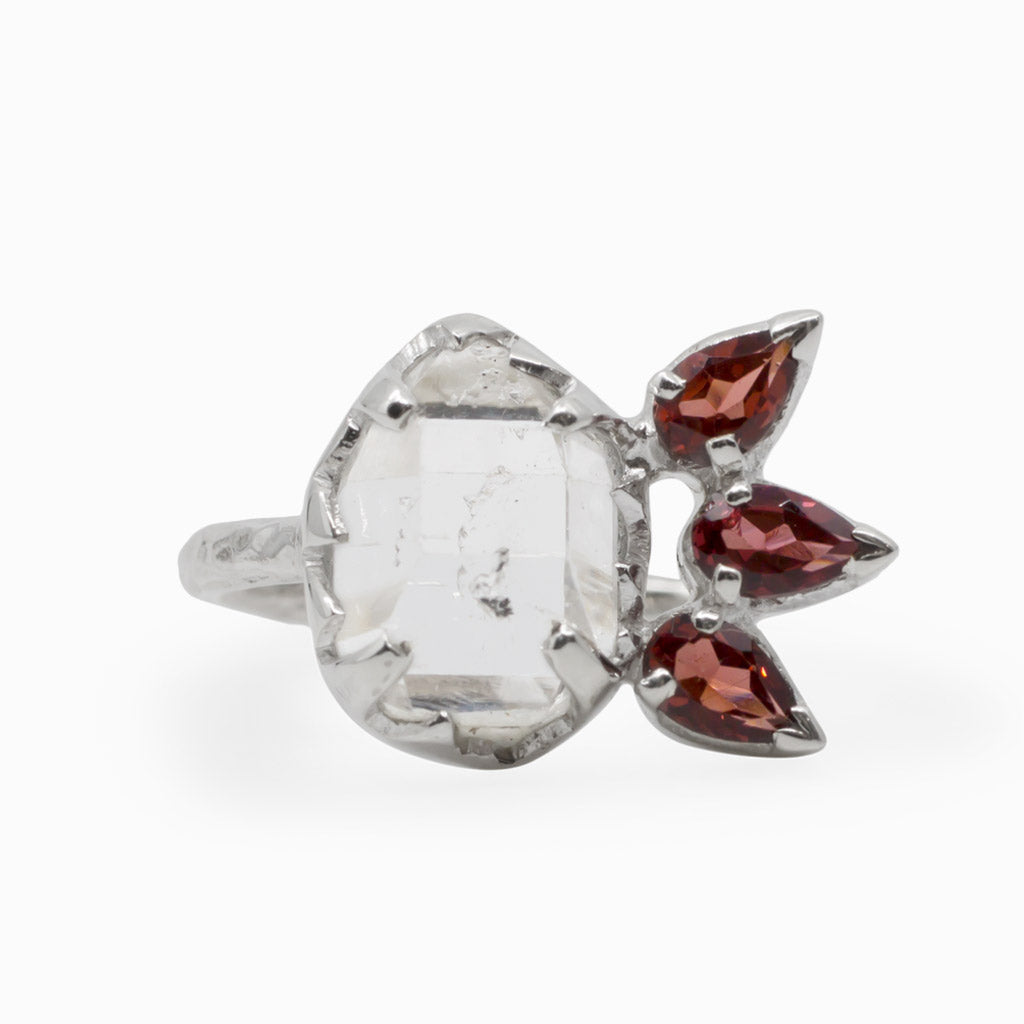 Red Garnet and White Herkimer Diamond Ring Made in Earth