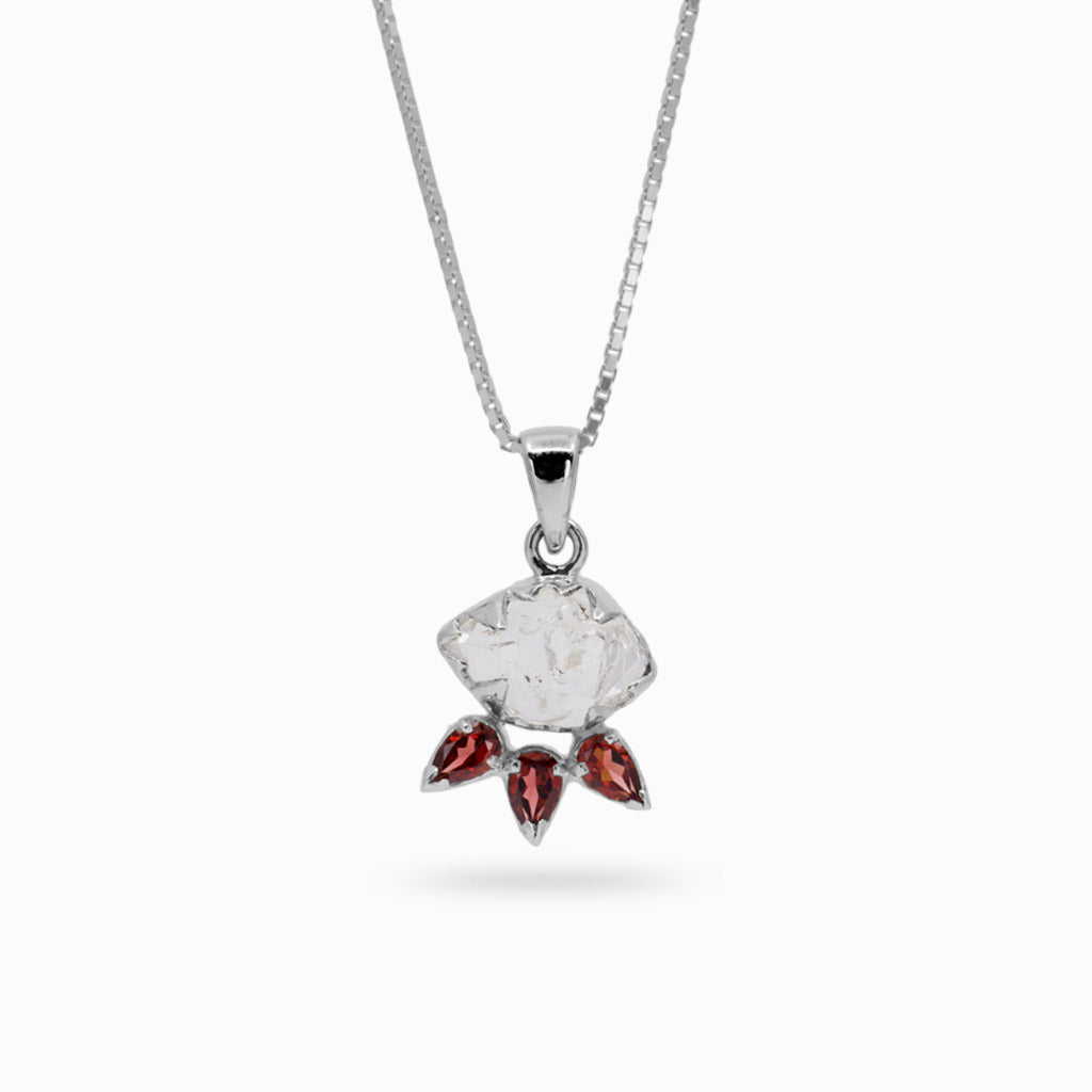 White Translucent Herkimer Diamond and three Red Garnet teardrop flower shape Herkimer Diamond and Garnet Necklace made in earth