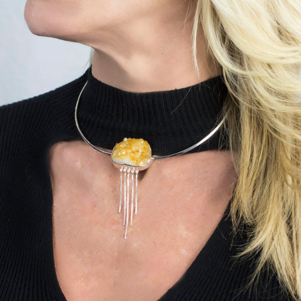 Citrine Druzy Choker Necklace on Model