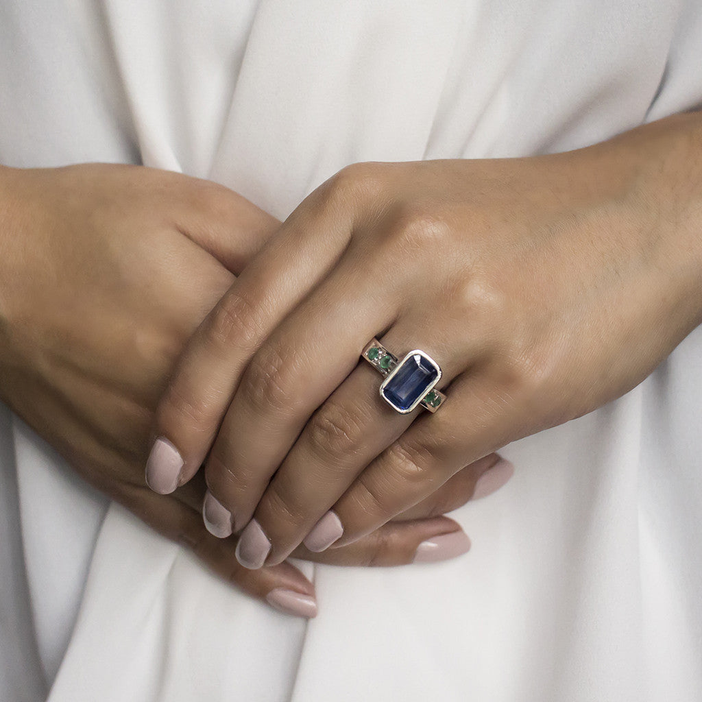 Kyanite & Emerald Ring on Model