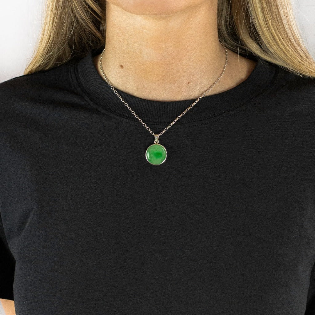 Green round Cabochon Jadeite Necklace on model