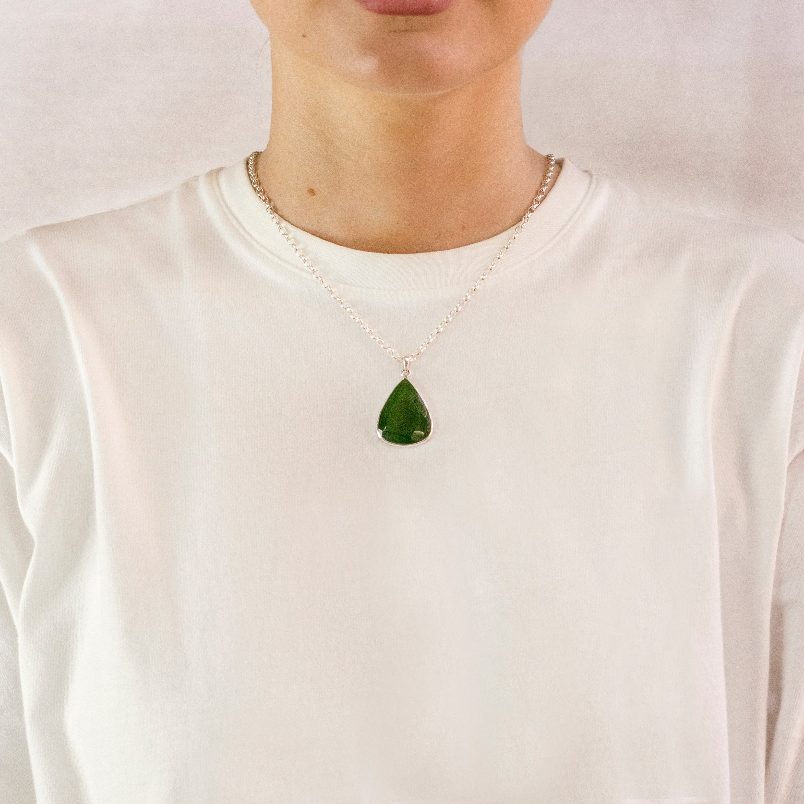 Green Faceted Tear Nephrite Jade Necklace on model