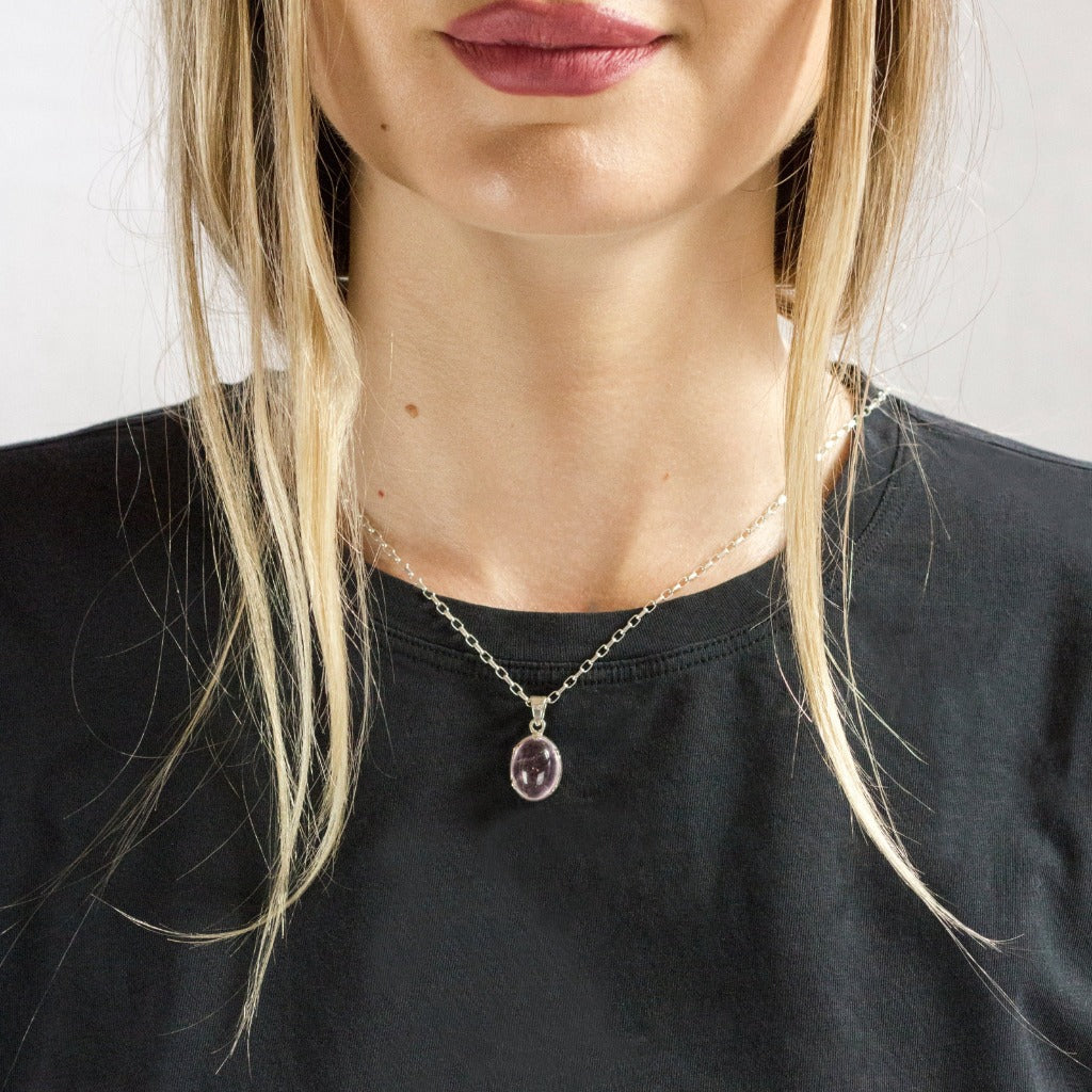 Pink Oval Cabochon Kunzite necklace on Model