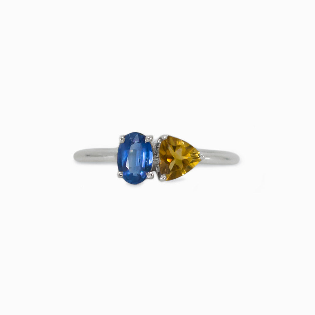 blue and yellow faceted Citrine and Kyanite ring