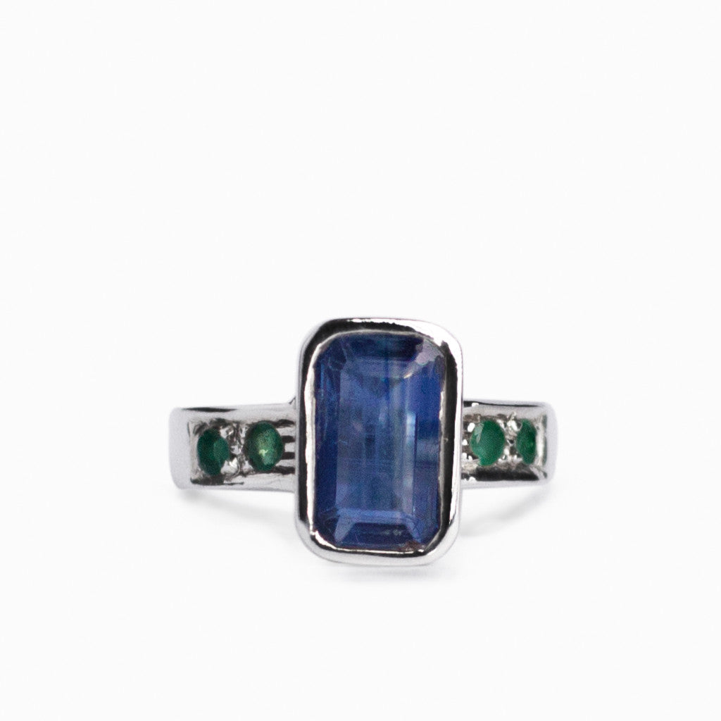 Dark Blue Kyanite & Green Emerald Ring Made in Earth