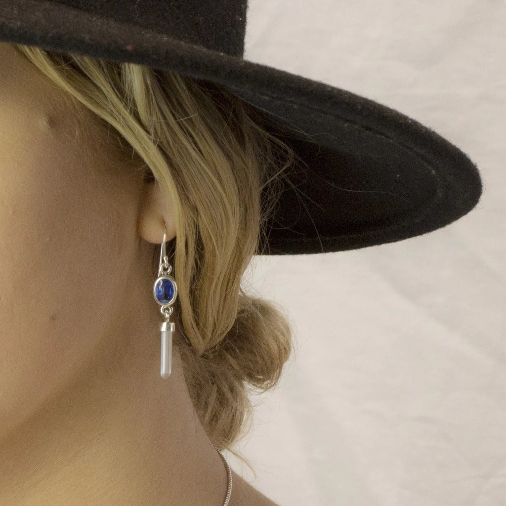 Kyanite & Laser Quartz Drop Earrings on Model