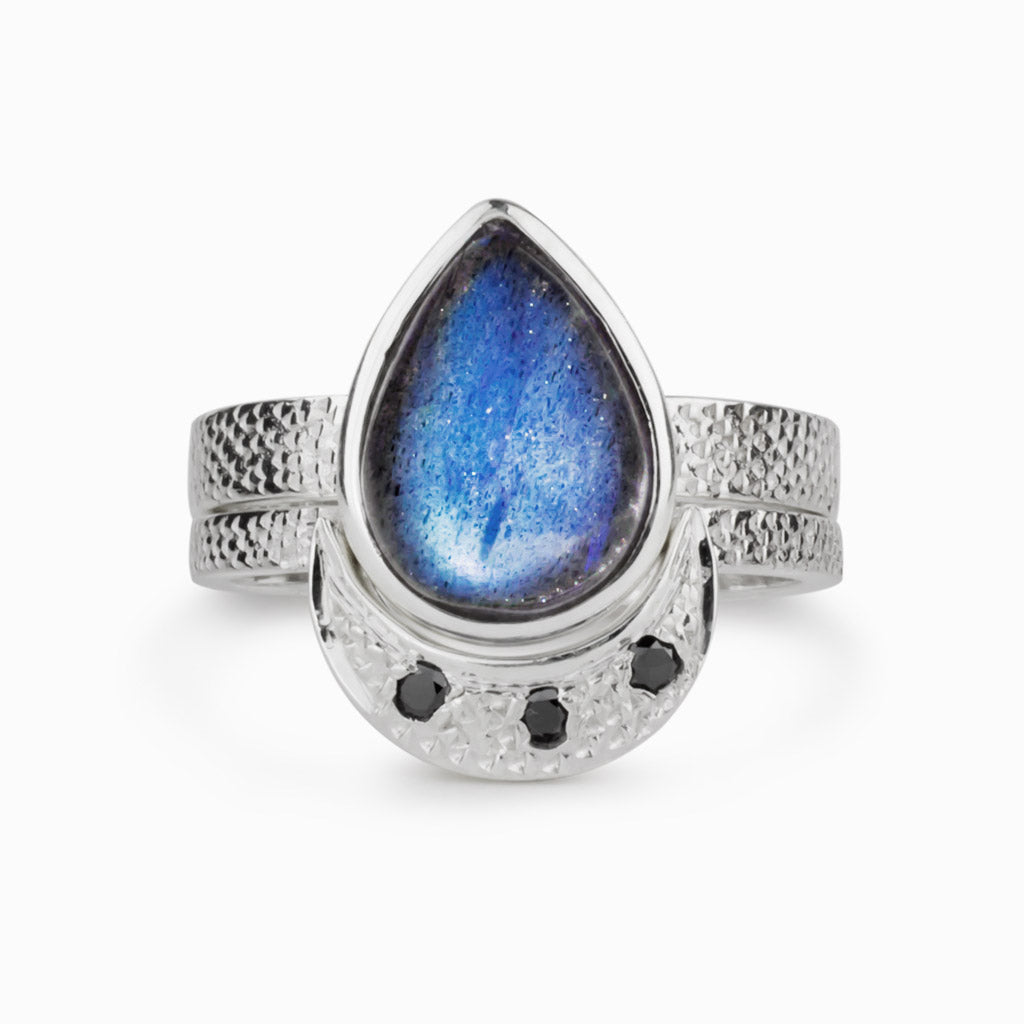 Blue Oval Labradorite & Three Black Diamond gemstones Ring Made in Earth