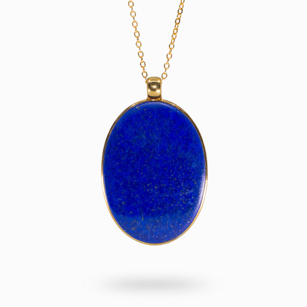 Bright Deep Textured Blue Oval Lapis Lazuli Necklace set in Yellow Gold Bezel Lapis Lazuli Necklace