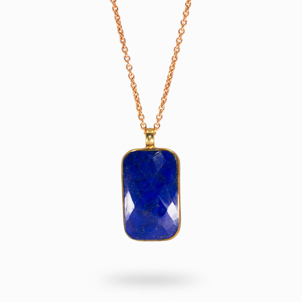 Deep Blue Rounded Rectangle Faceted Lapis Lazuli Necklace set in Vermeil Gold Bezel and Chain