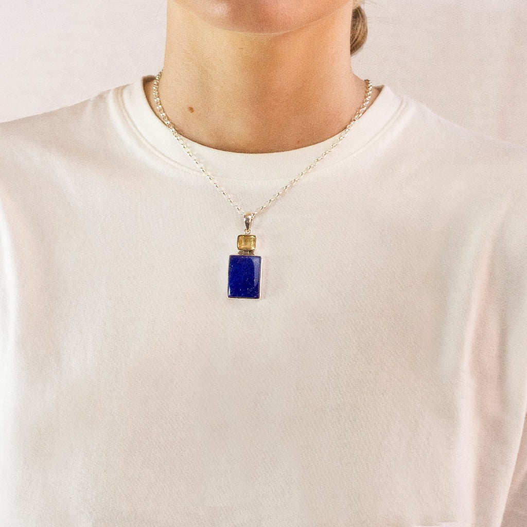 Model Wearing Lapis Lazuli & Citrine Necklace