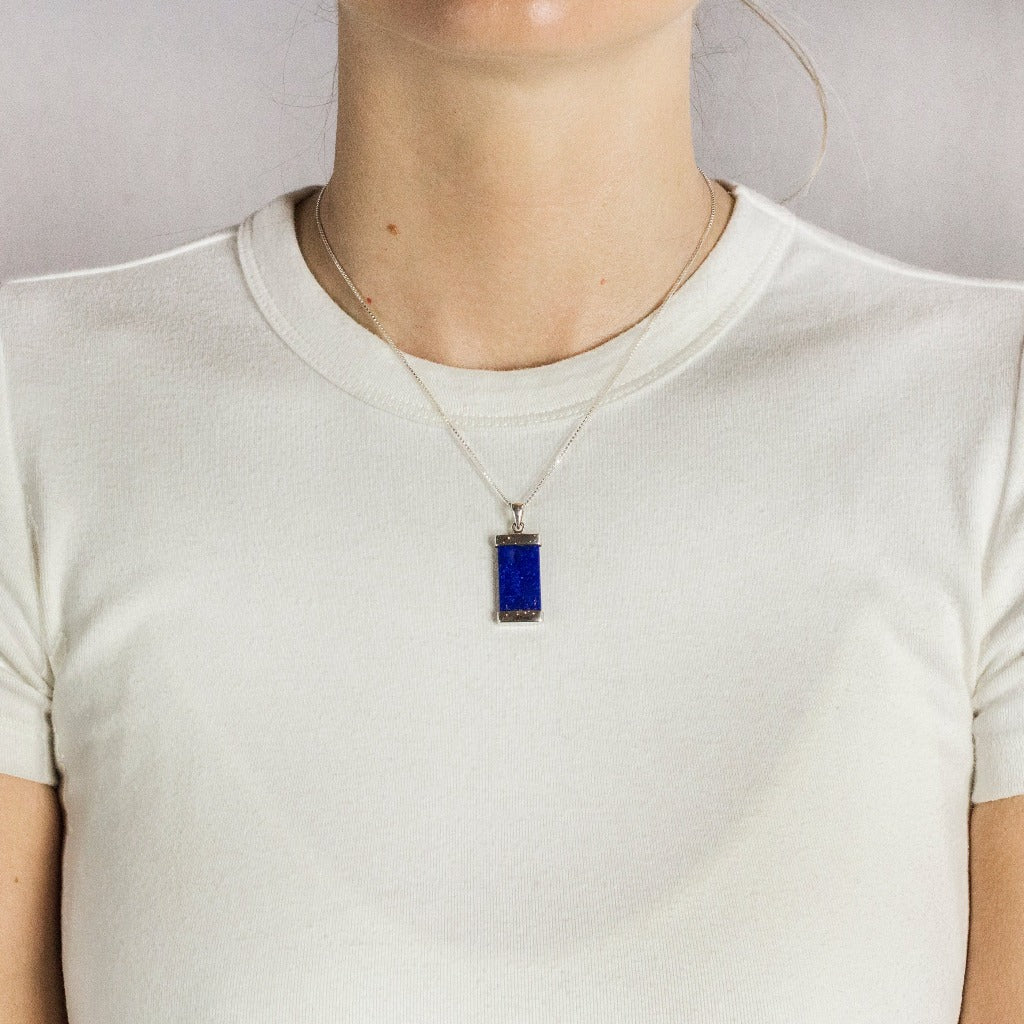 Rectangular Lapis Lazuli Necklace On Model