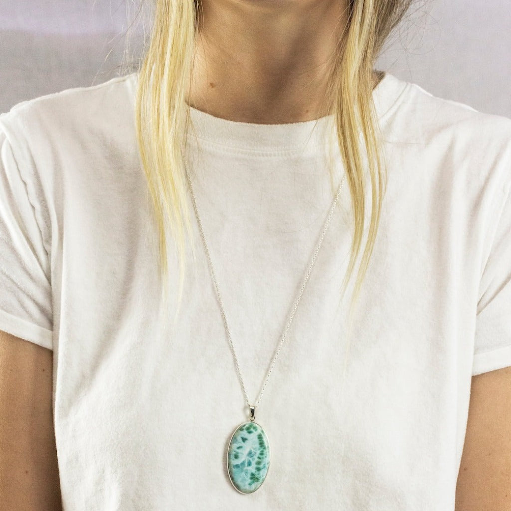 Blue and Green cabochon oval Larimar necklace on model