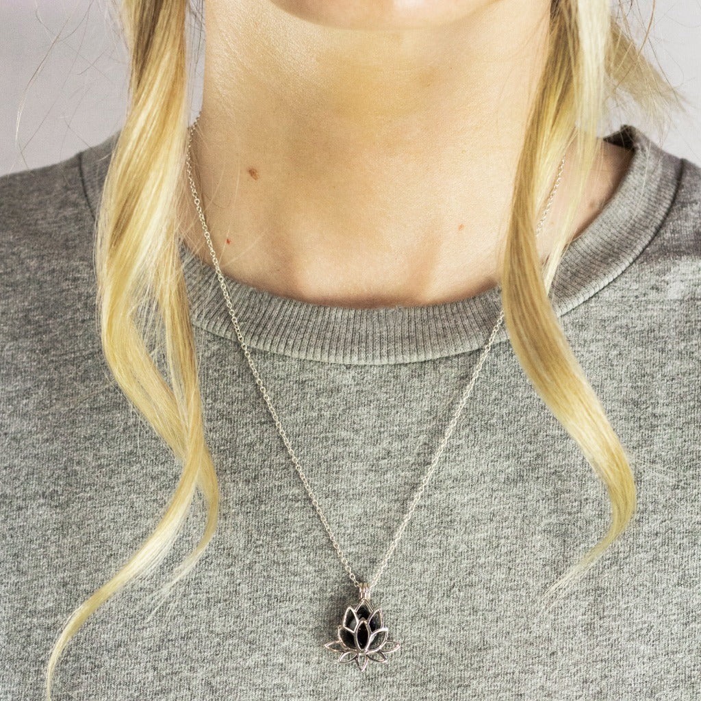 Model Wearing Lotus Flower Necklace Made In Earth