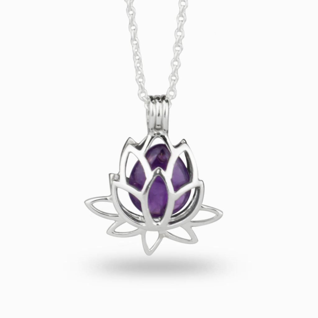 Sterling Silver Lotus Flower Necklace with Amethyst Stone inside