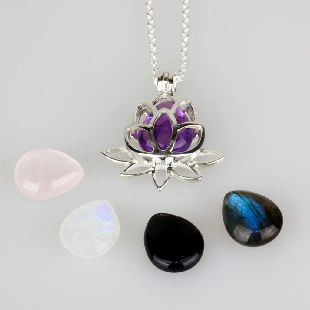 Sterling Silver Lotus Flower Necklace with Amethyst, Rainbow Moonstone, Onyx, and Labradorite stones