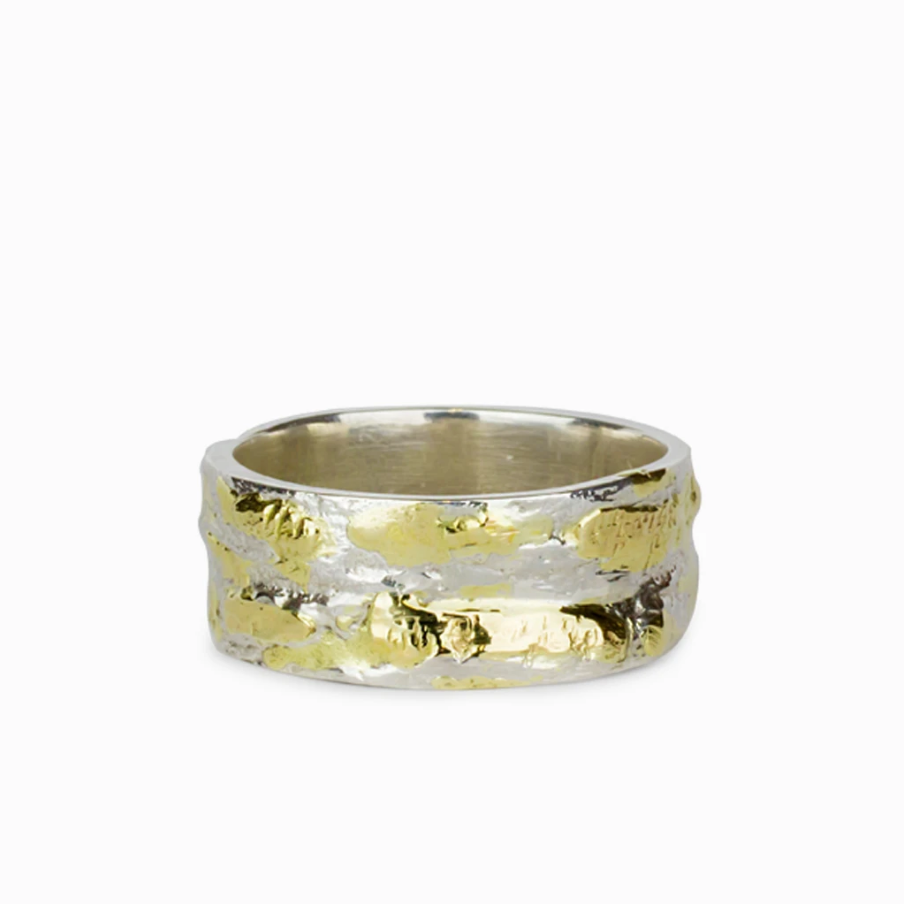 925 Sterling Silver & 18k Gold Textured Wide Band Made in Earth