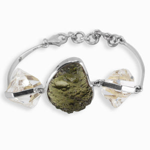 Raw Natural Moldavite and Herkimer Diamond Bracelet Made In Earth