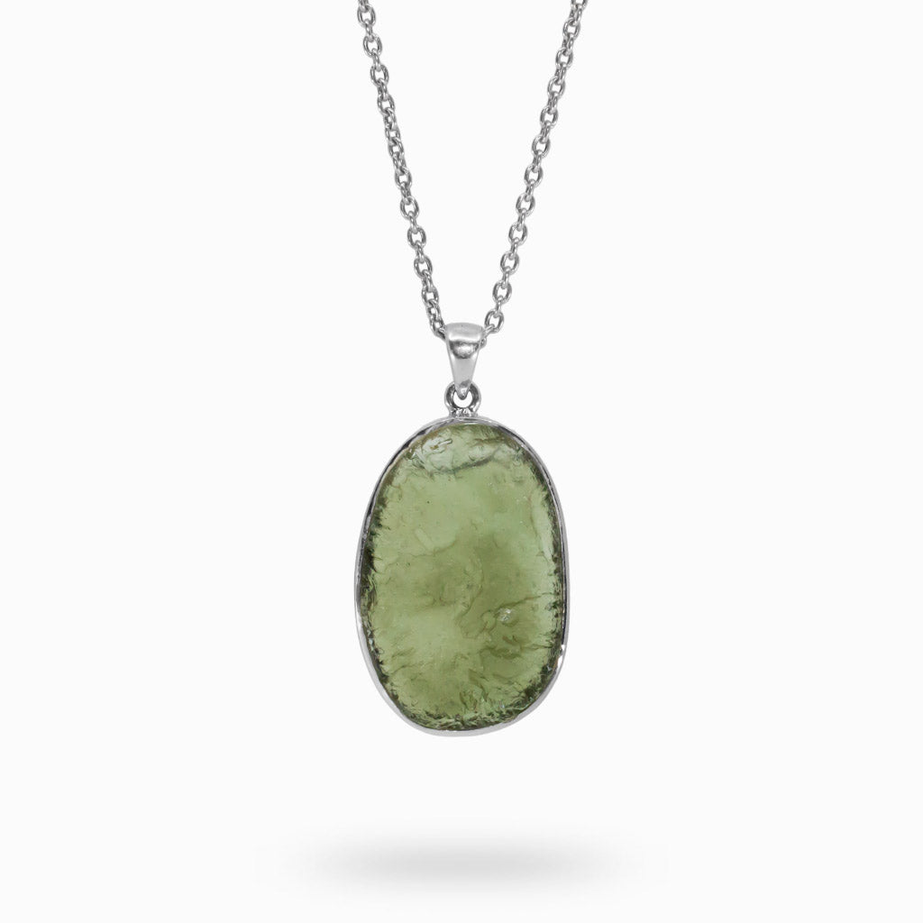 Light forest green Moldavite tektite necklace Oval shape