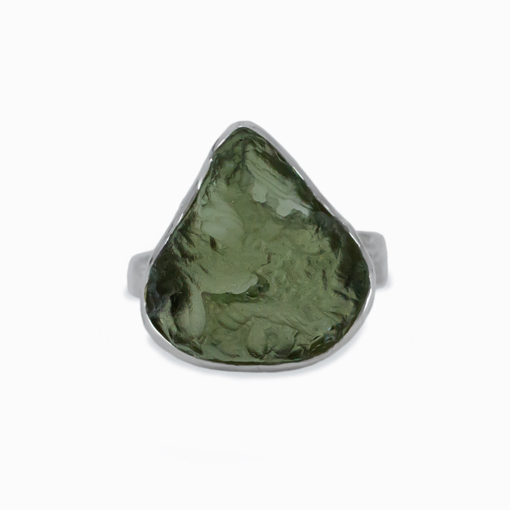 Raw tear shaped Moldavite ring