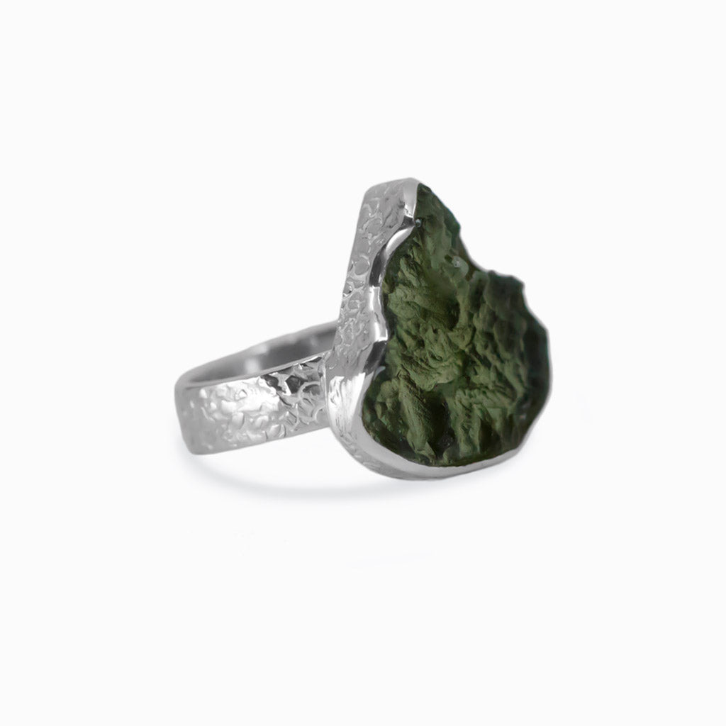 Raw tear shaped Moldavite ring