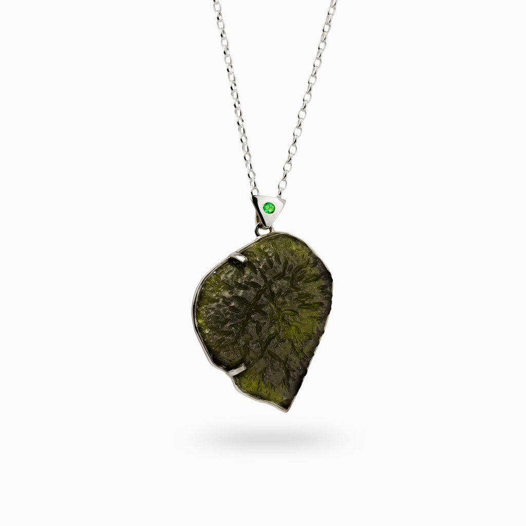 Forest Green Moldavite Necklace & Small accent Emerald crystal