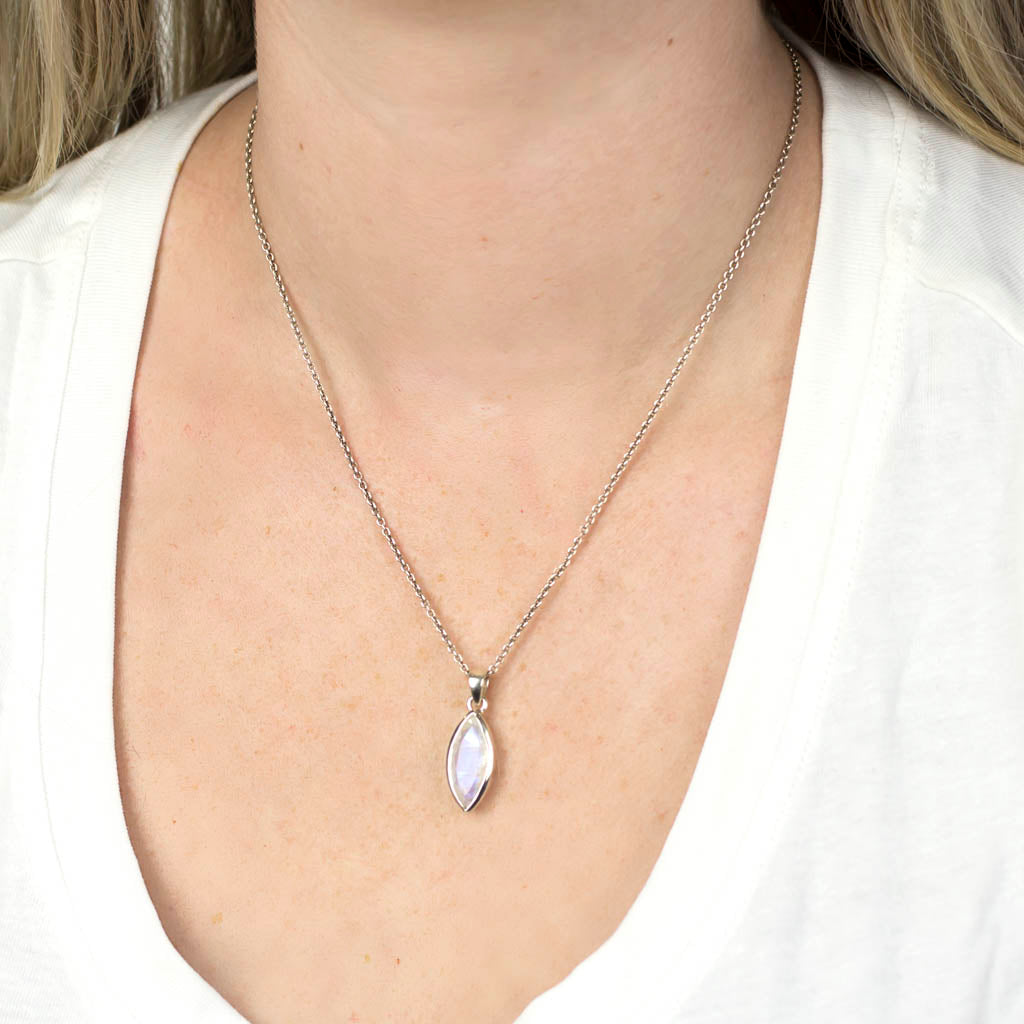 Rainbow Moonstone Necklace on Model Made In Earth