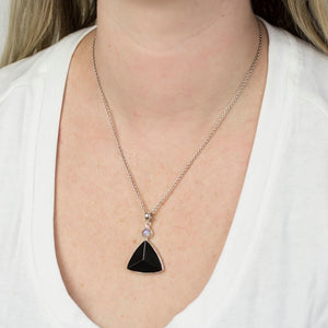 Rainbow Moonstone and Black Tourmaline Necklace on Model Made In Earth
