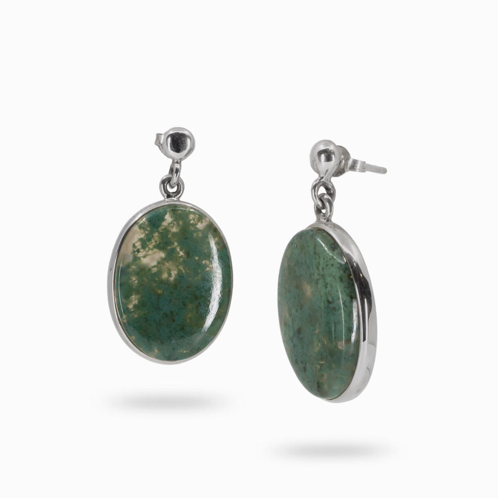 Oval green Moss Agate cabochon drop earrings made in earth