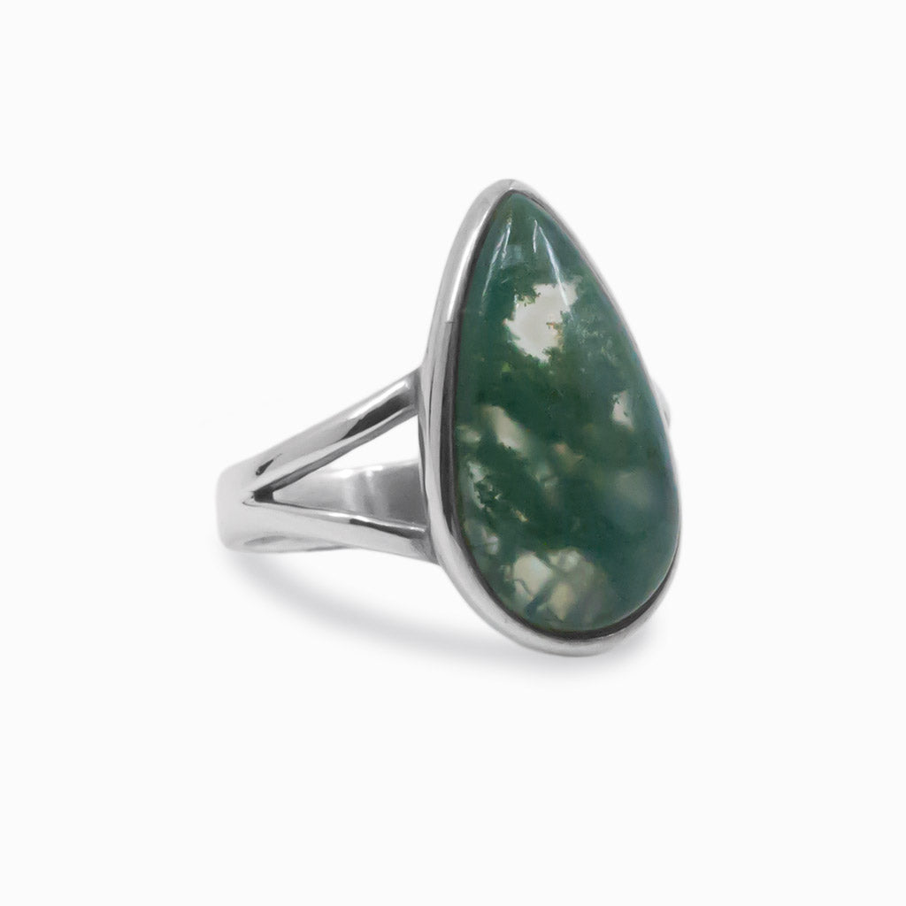 Tear Cabochon Moss Agate ring