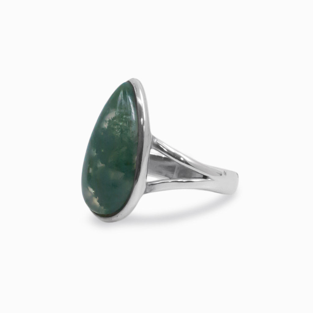 Tear Cabochon Moss Agate ring