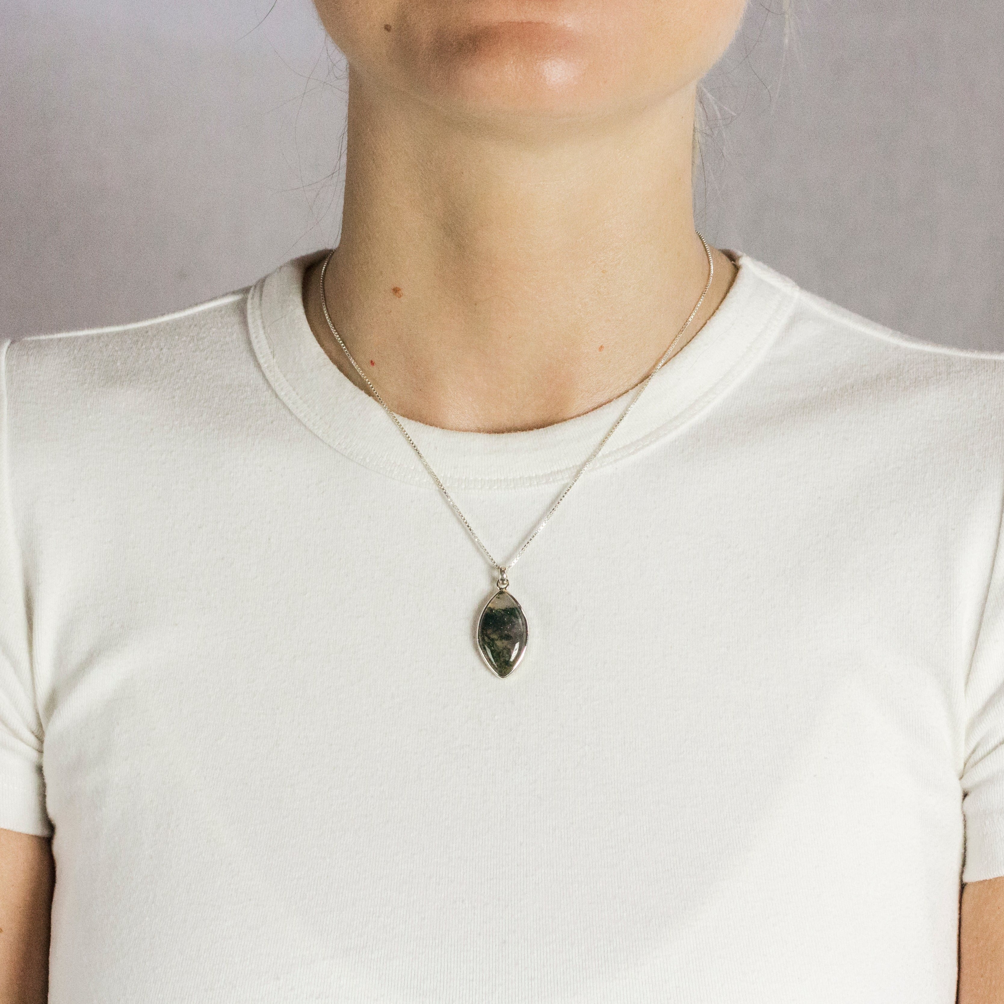 White and Green Moss Agate Cabochon Necklace On Model