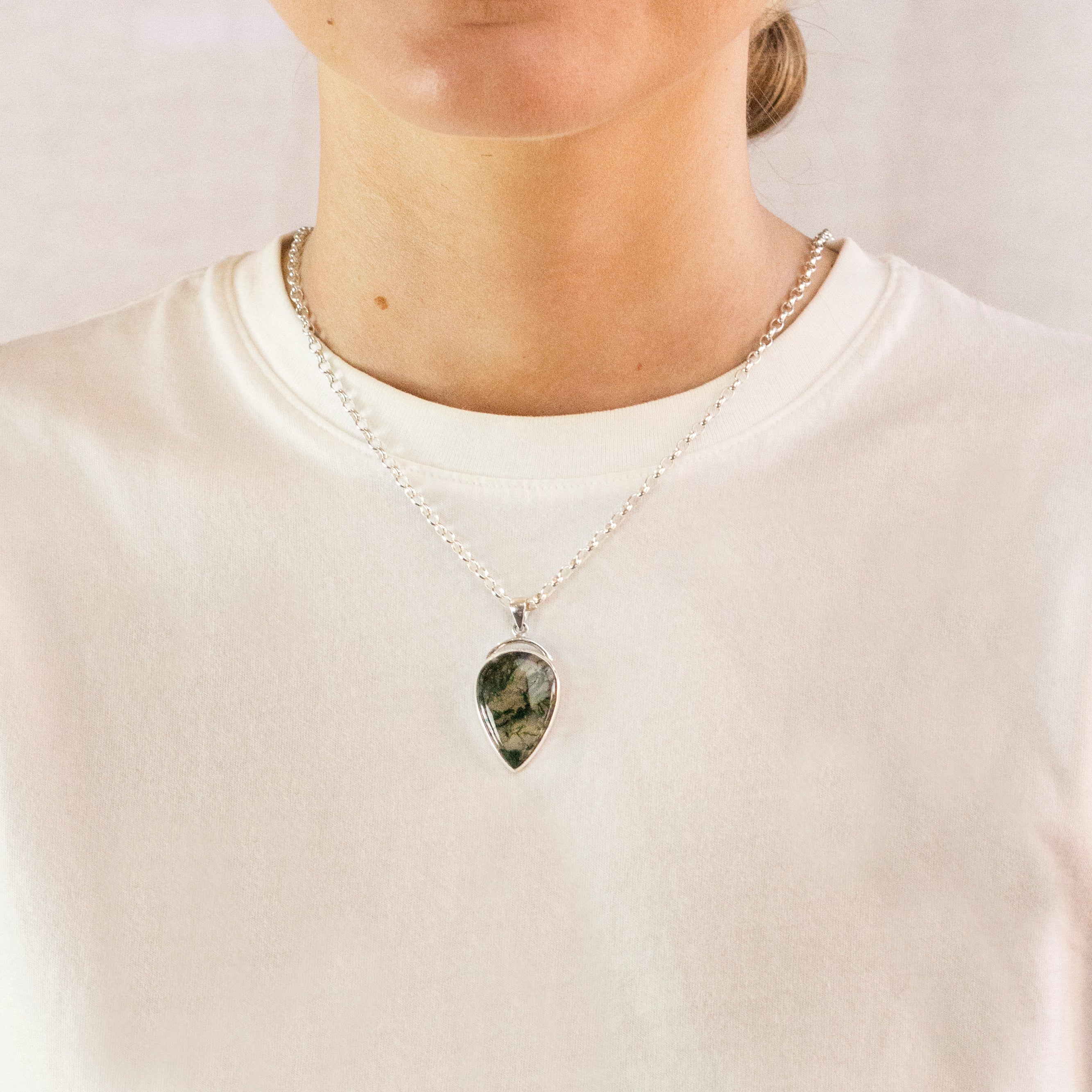 Model Wearing Inverted Teardrop cabochon Moss Agate Necklace