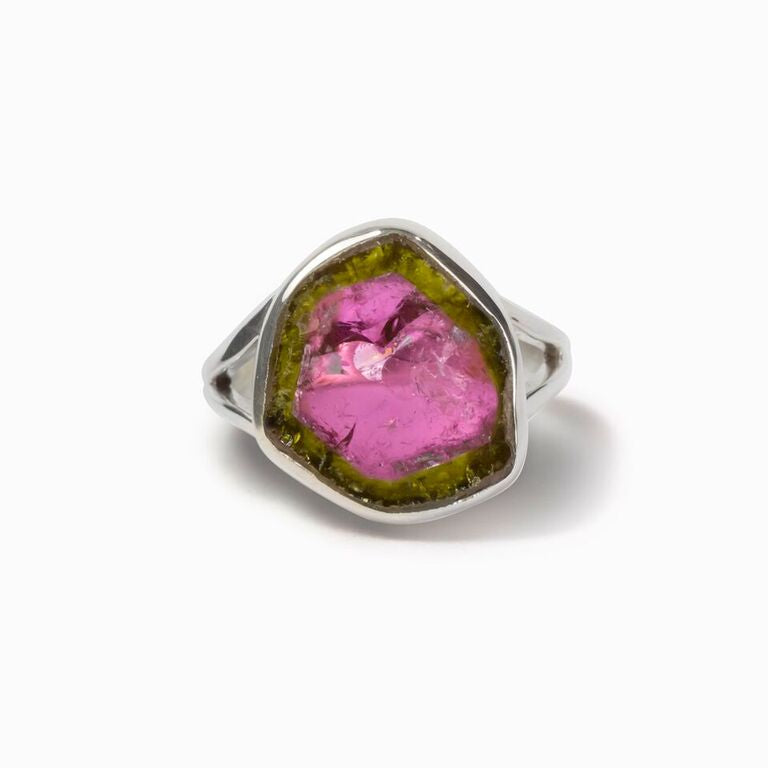 Light Yellow Green Watermelon Pink Tourmaline Ring Made in Earth
