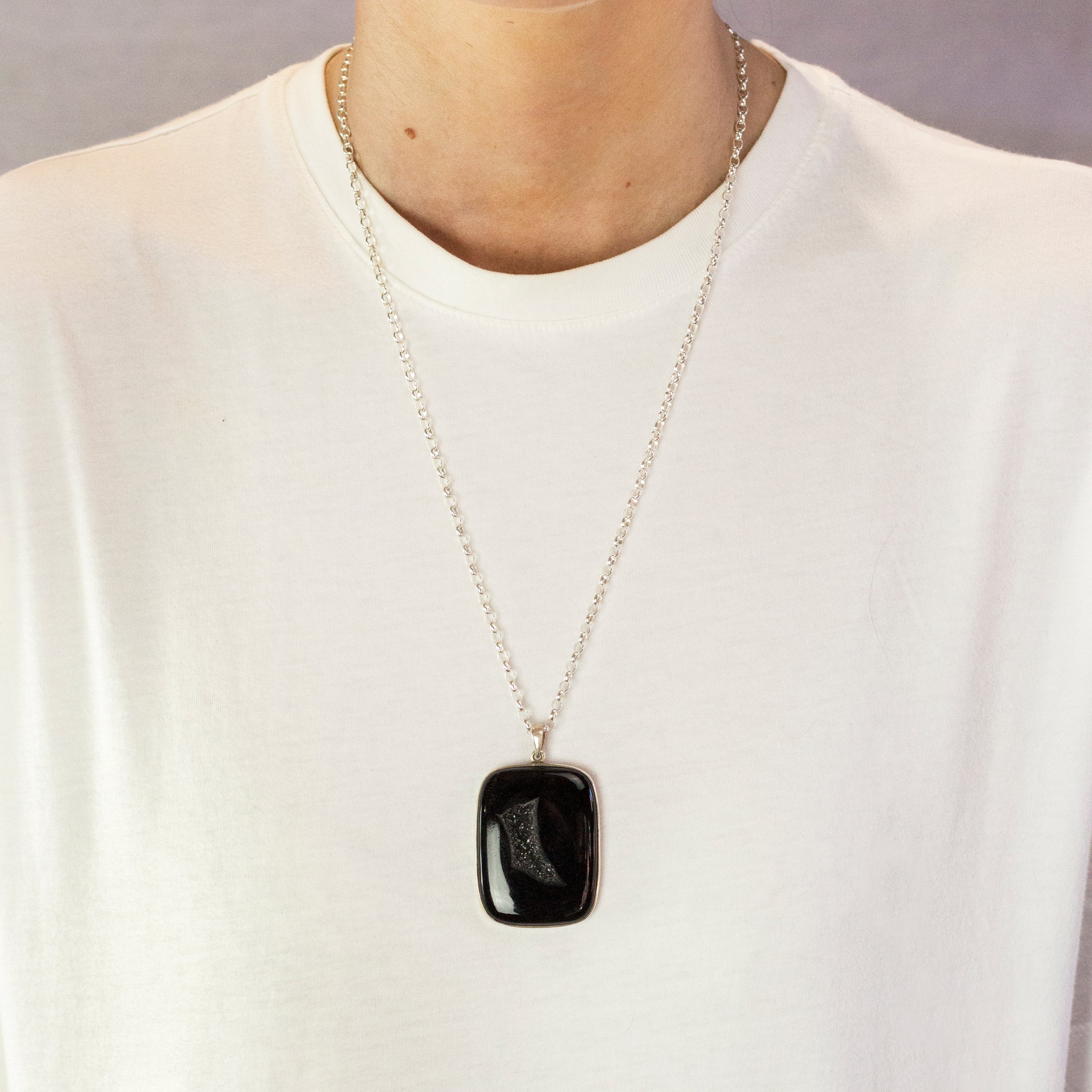Model Wearing Onyx Druzy Necklace Square Made In Earth