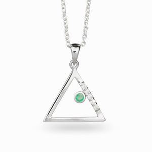 Forme Collection: Triangle sterling Silver setting with Diamonds and a round facted Emerald. Made in Earth