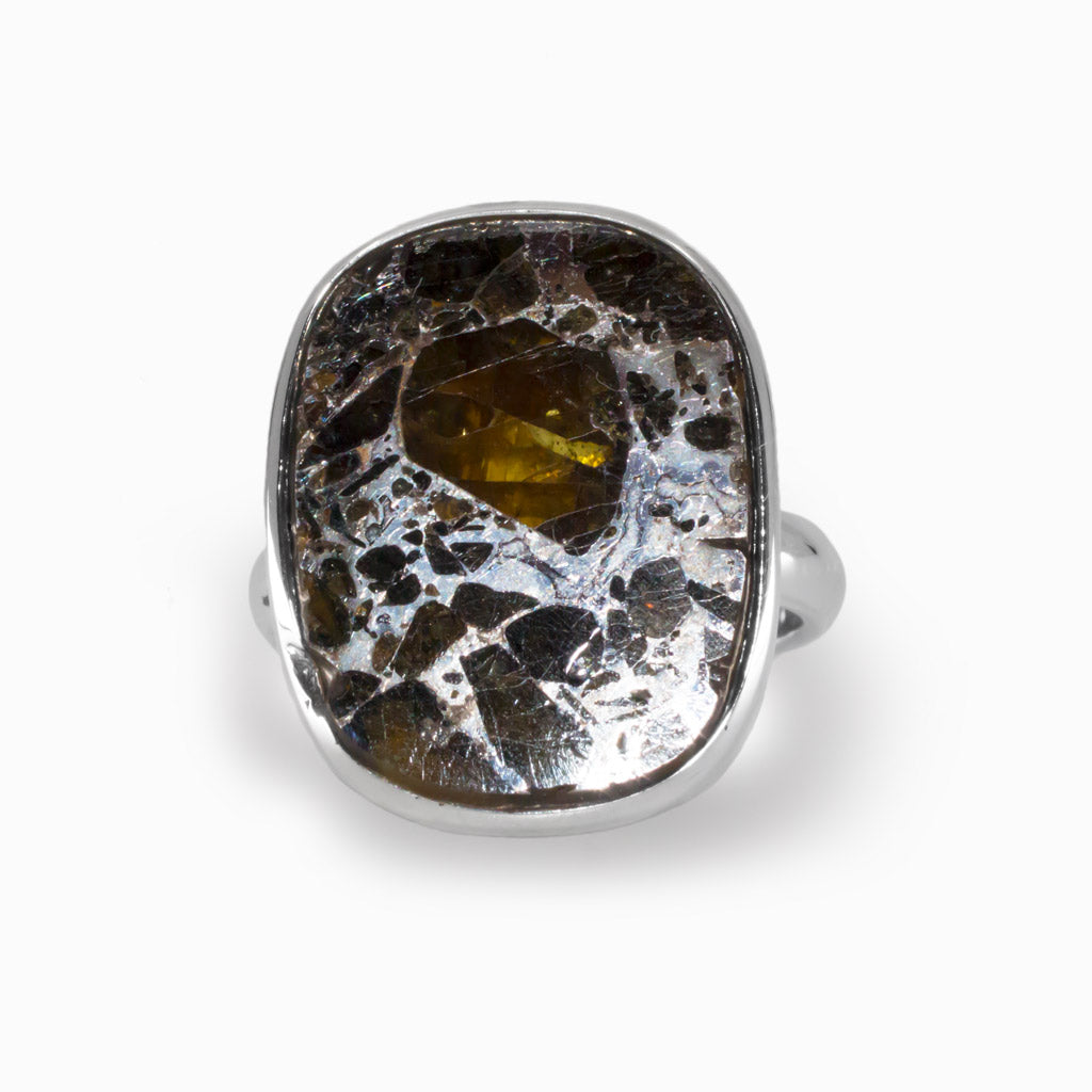 Grey Orange Pallasite Meteorite Ring Made in Earth