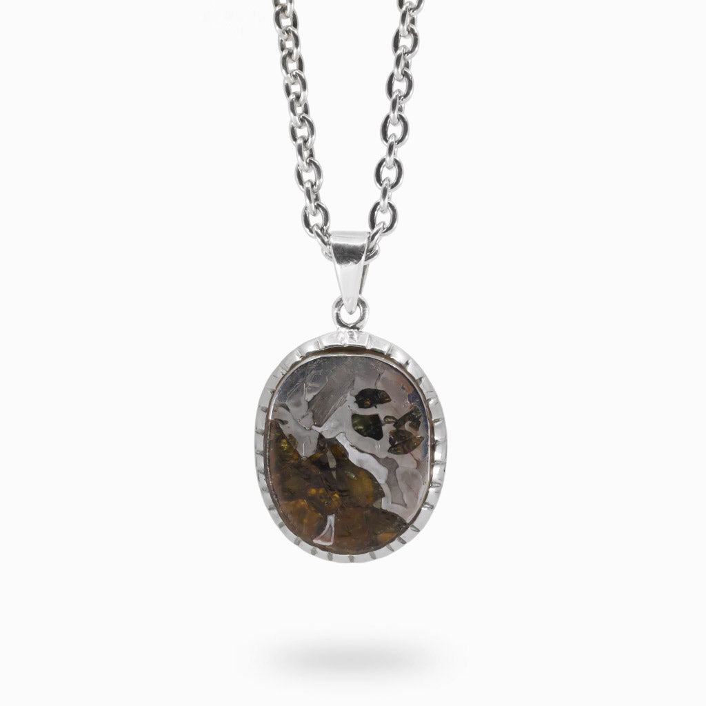 Pallasite Meteorite Necklace with iron meteorite and peridot crystals