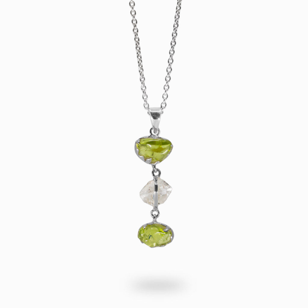 Natural raw Green Peridot stones and Herkimer Diamond crystal Necklace