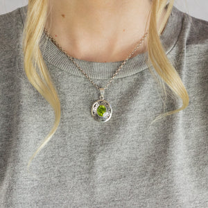 Model Wearing Faceted Peridot necklace with Filigree Made In Earth