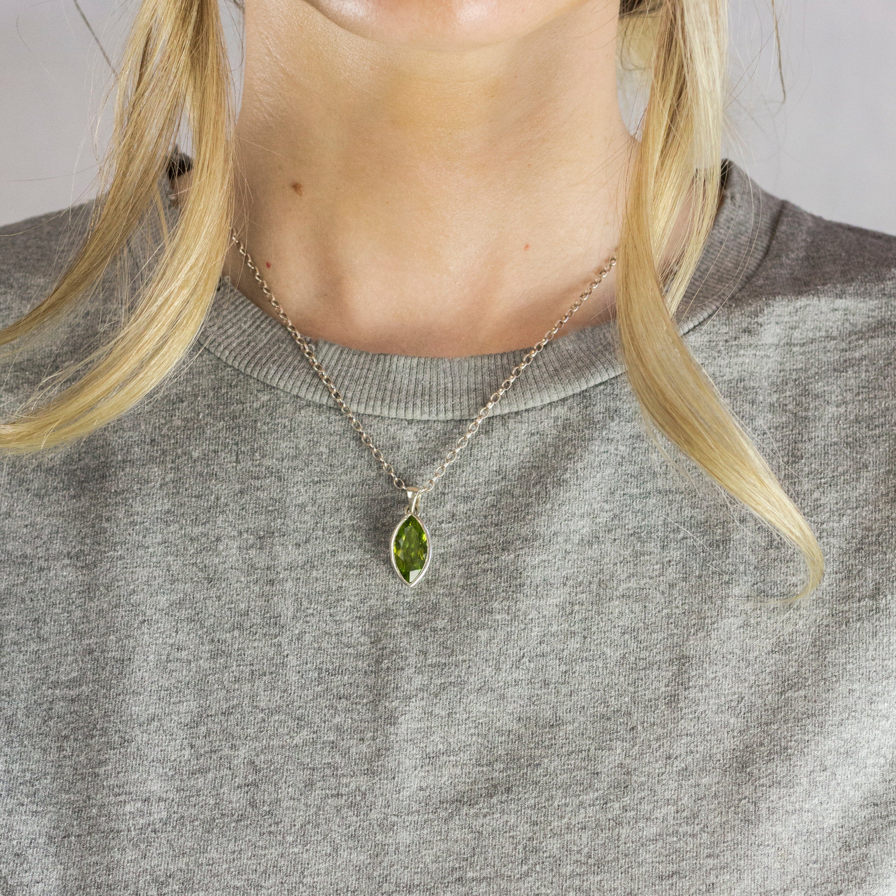 Model Wearing Peridot faceted Marquis gemstone necklace Made In earth