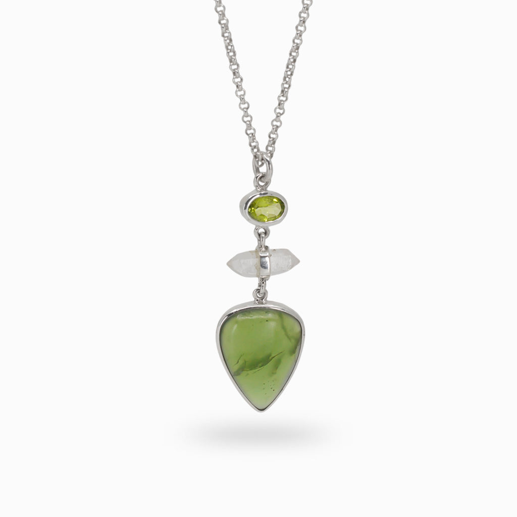 Peridot, Laser Quartz crystal, Jade stacked gemstone necklace