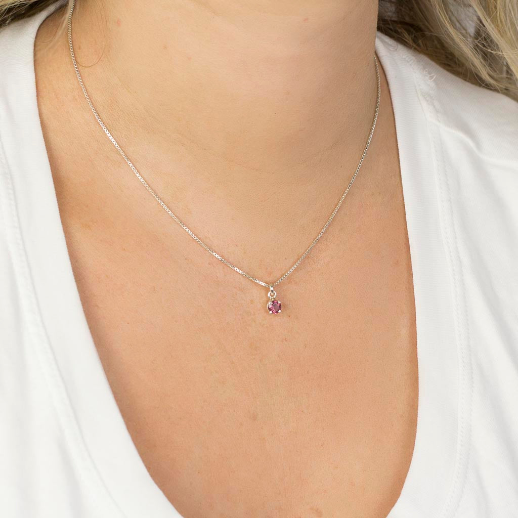Faceted round prong Pink Tourmaline Necklace on Model
