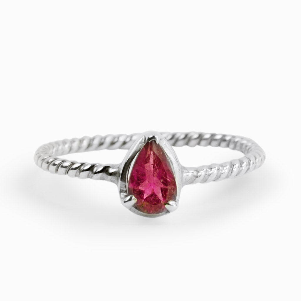 Dark Pink Tourmaline Teardrop Ring With twisted silver band Made in Earth