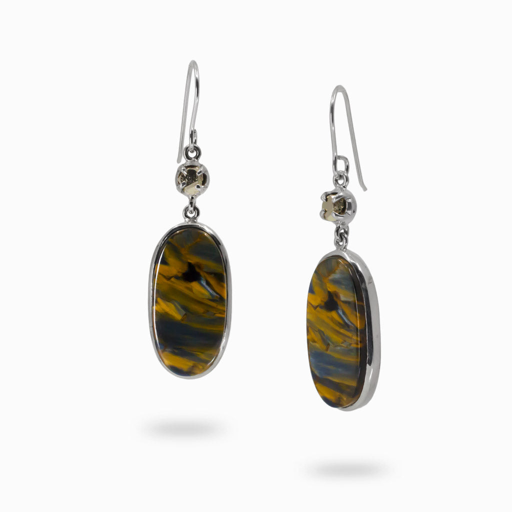 Raw Pyrite and Cabochon Pietersite Drop Earrings in Silver Made In Earth