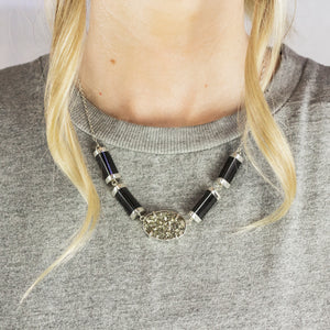 Model Wearing Pyrite Cluster and Faceted Black Tourmaline Sterling Silver Statement Necklace Made In Earth